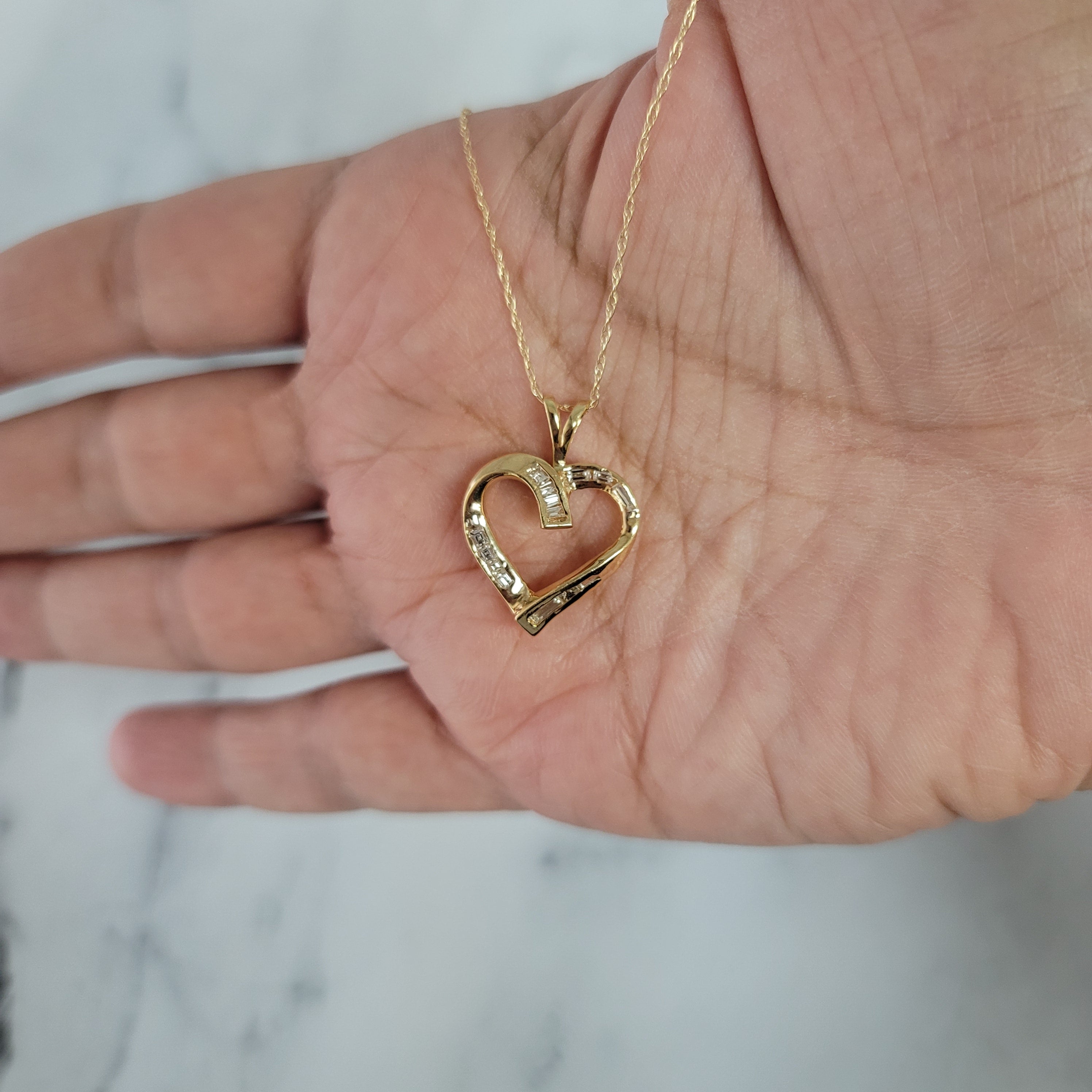 Princess & Baguette Diamond Heart Shaped Necklace .50cttw 14k Yellow Gold