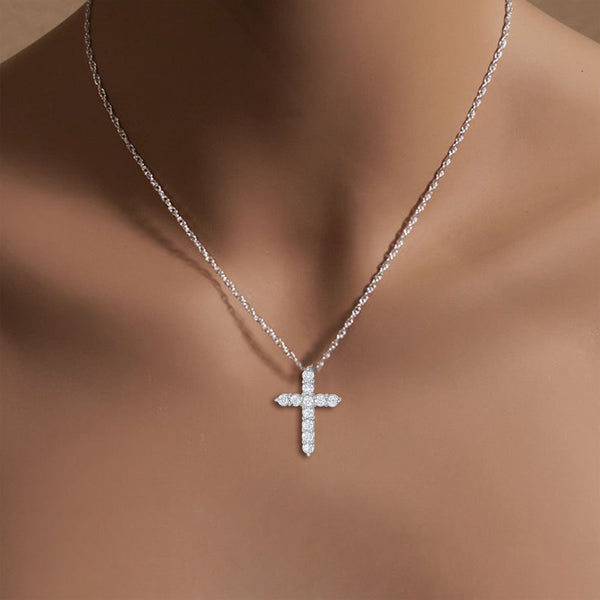 Chunky Diamond Cross Necklace 1.10cttw 14k White Gold