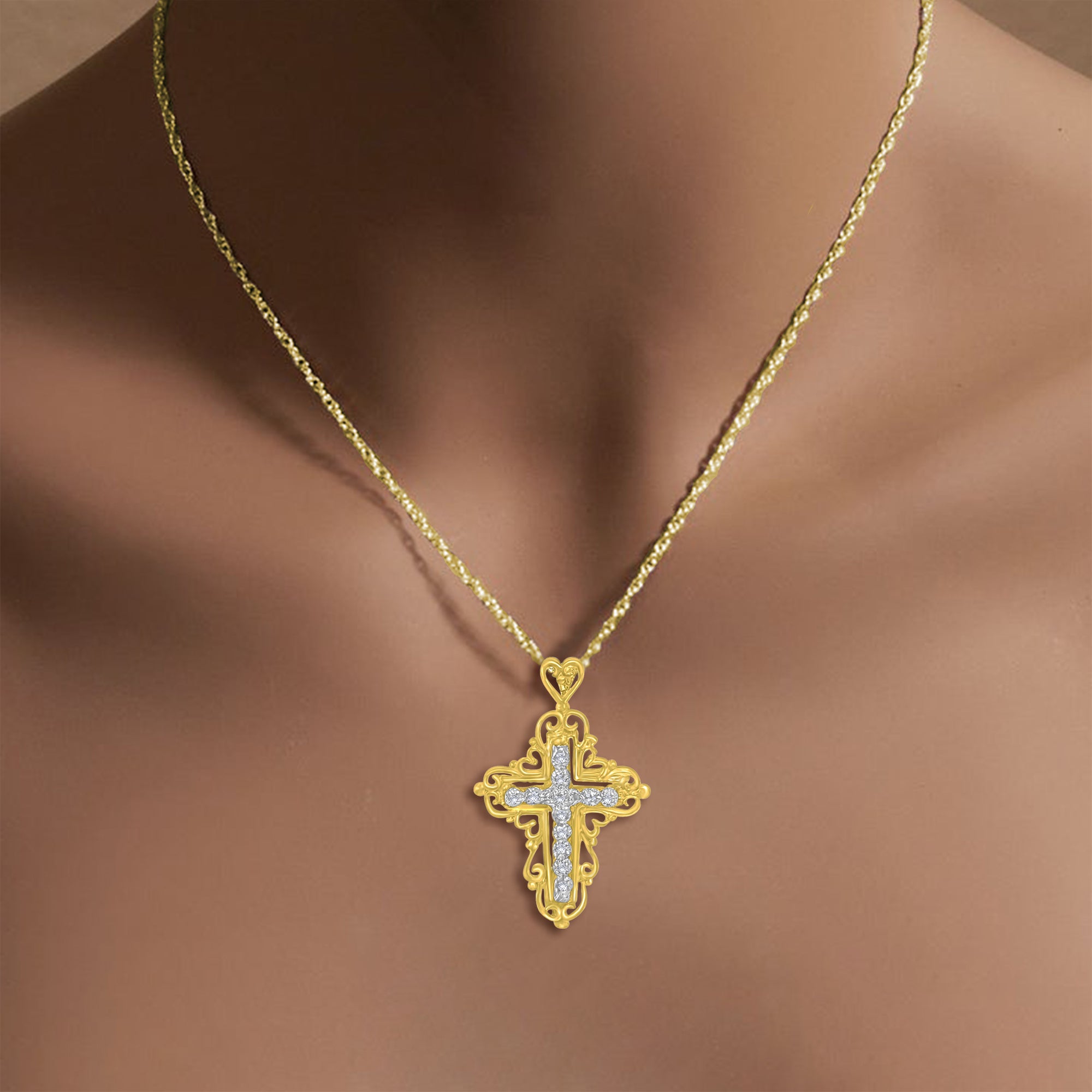 Illusion Diamond Cross Necklace 14k Two-Toned Gold