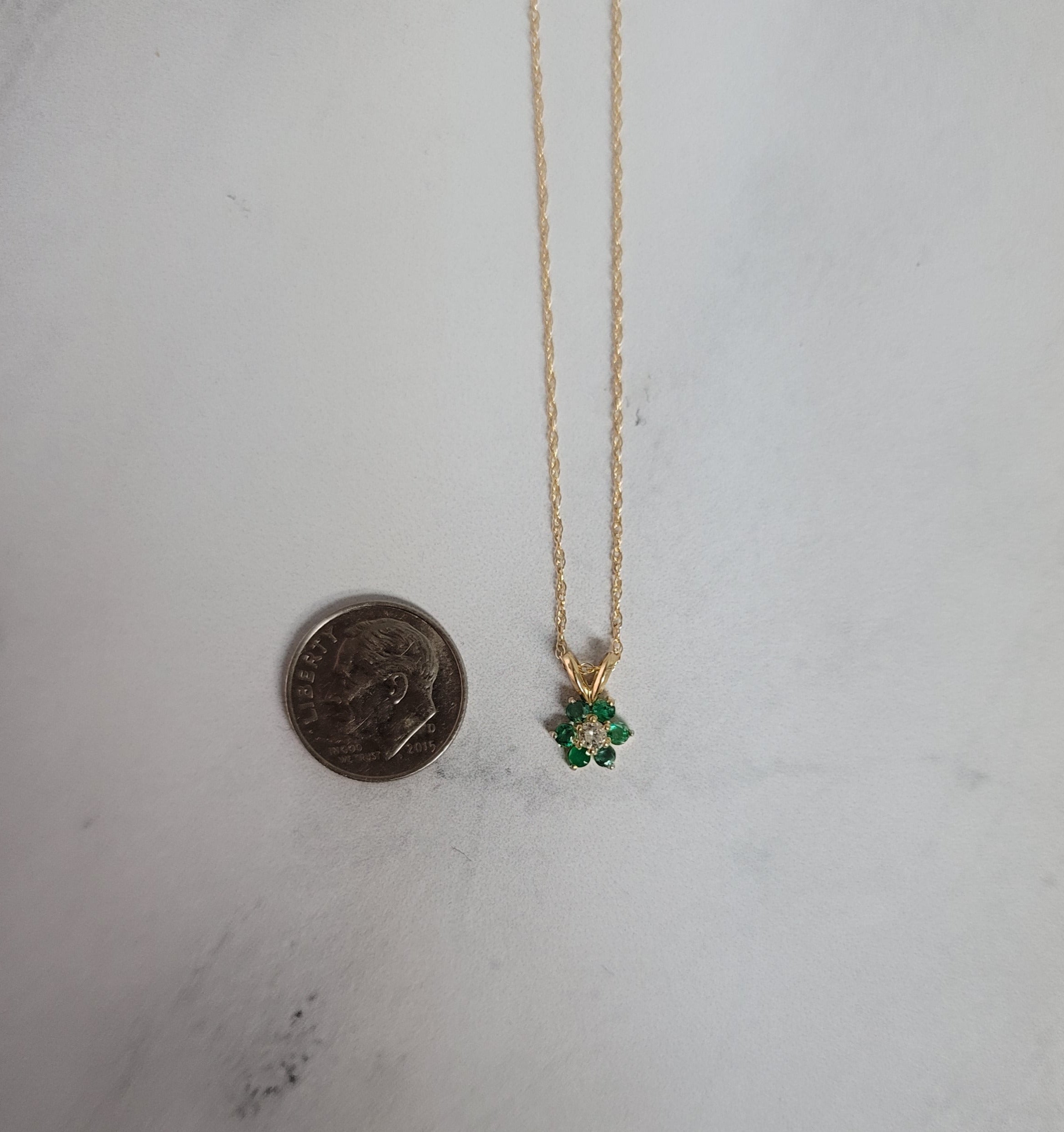 Flower Shaped Emerald Cluster Necklace .40cttw 14k Yellow Gold