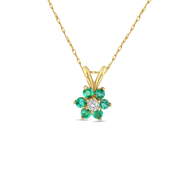 Flower Shaped Emerald Cluster Necklace .40cttw 14k Yellow Gold