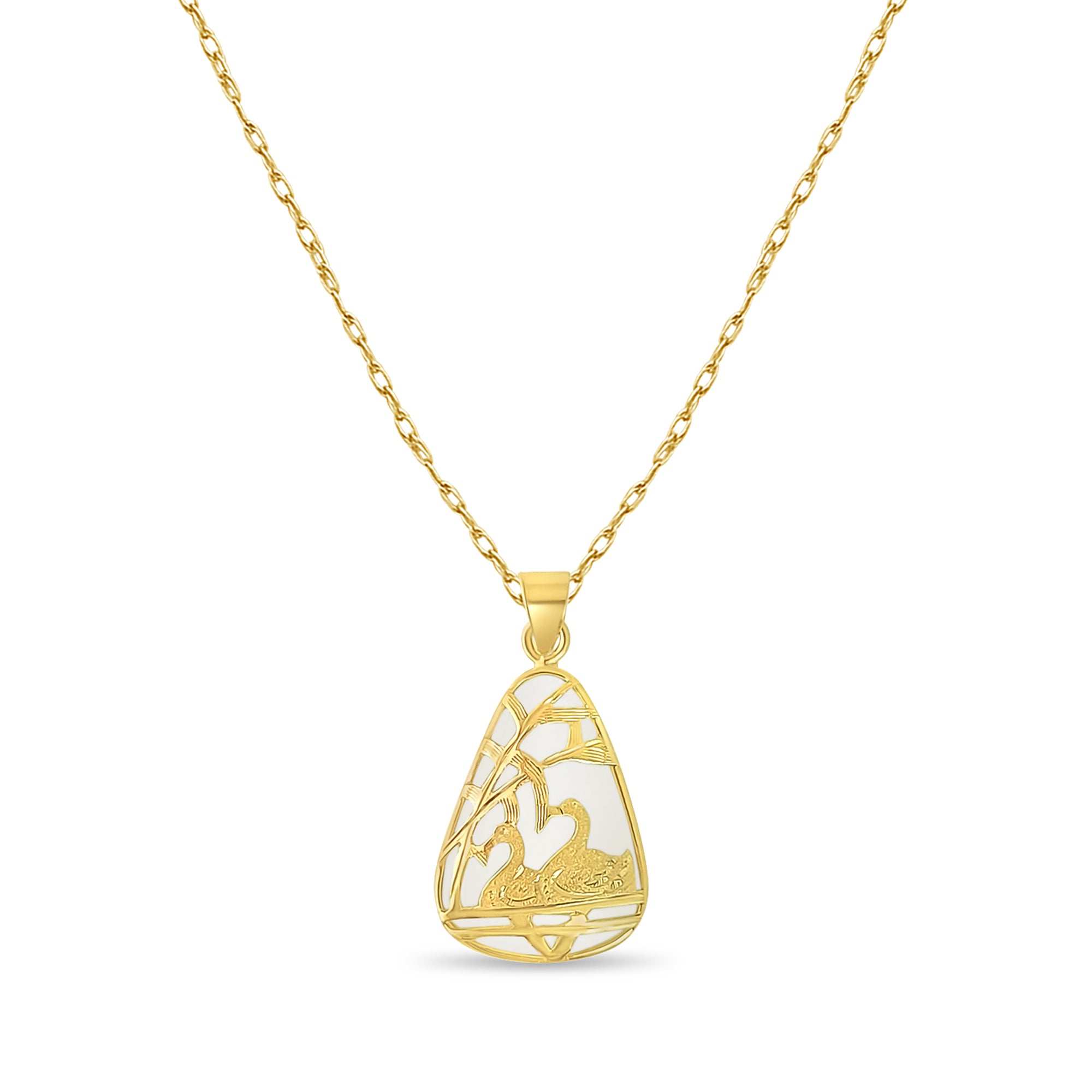 Collier triangulaire en jade avec motif cygne et or jaune 14 carats