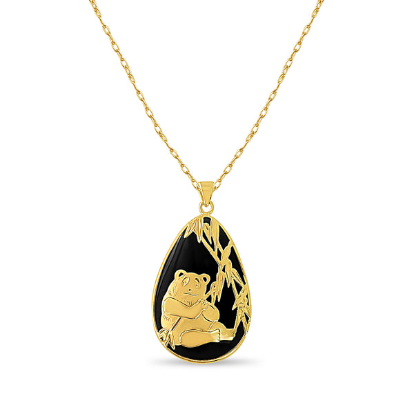 Pear Shaped Smoky Quartz Jade Necklace with 14k Yellow Gold Panda Design