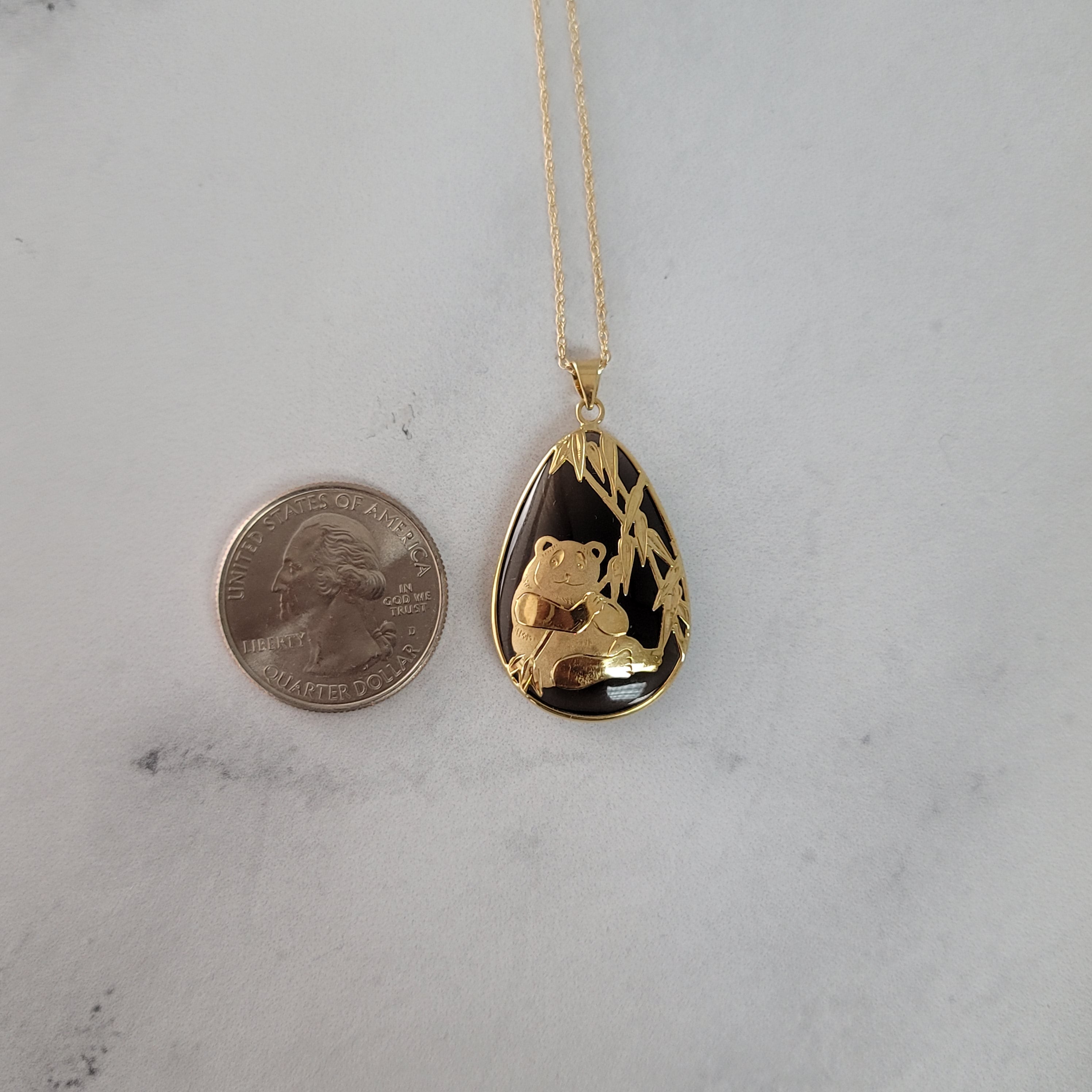 Pear Shaped Smoky Quartz Jade Necklace with 14k Yellow Gold Panda Design