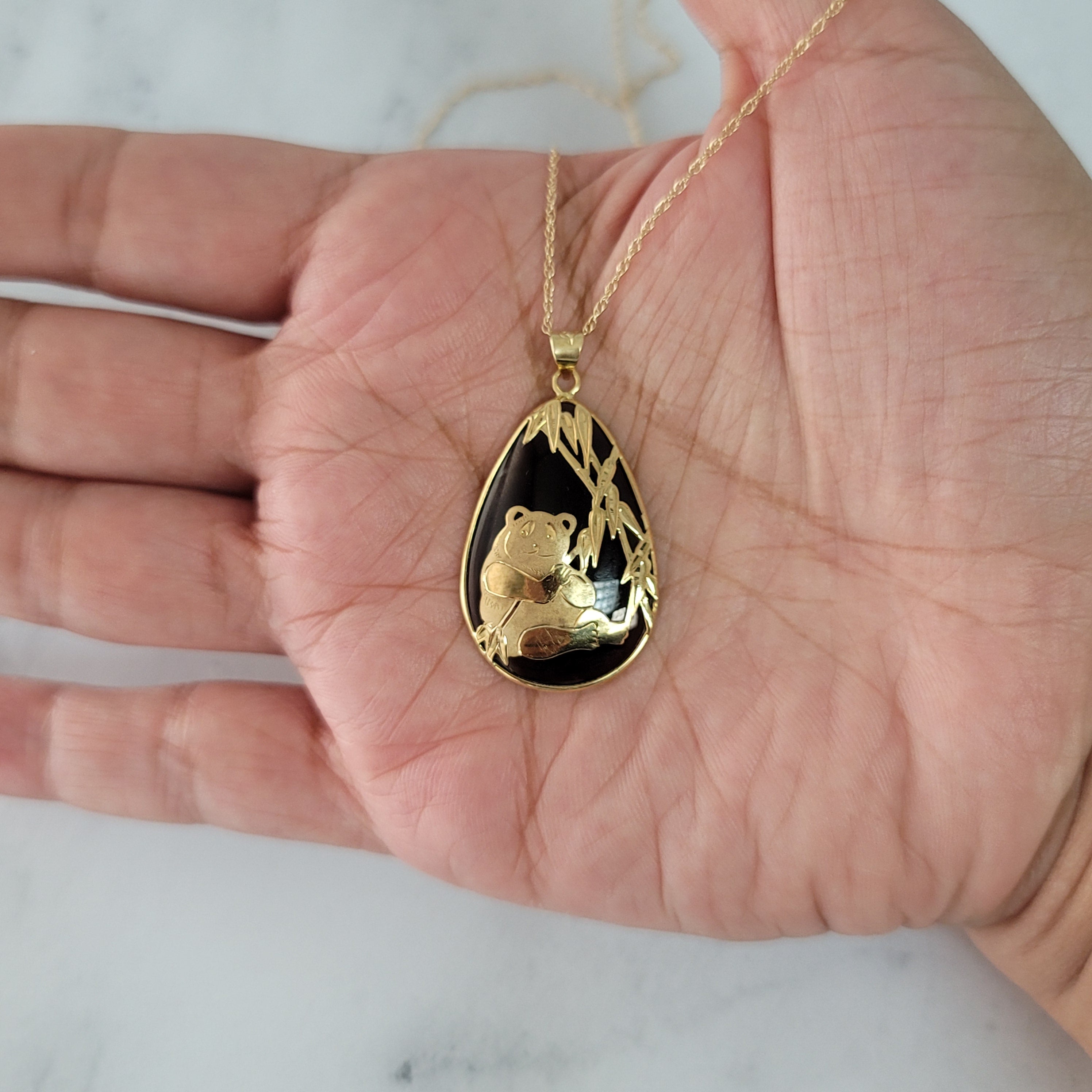 Pear Shaped Smoky Quartz Jade Necklace with 14k Yellow Gold Panda Design