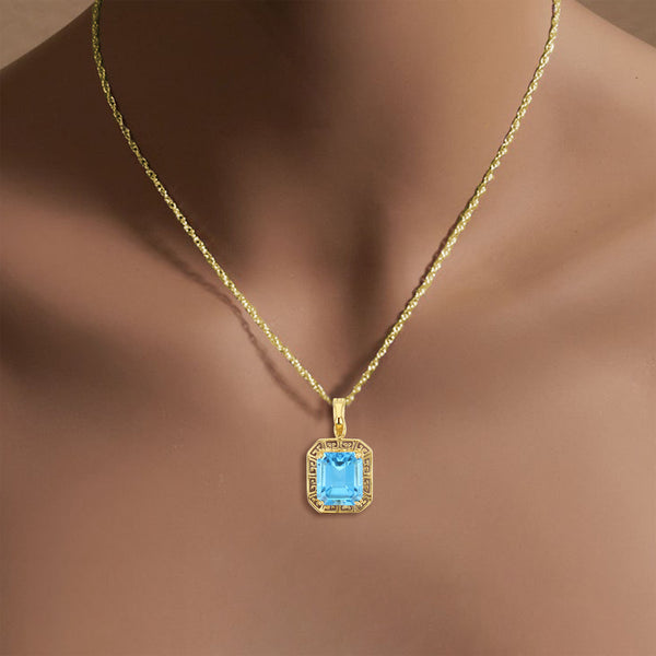 Blue Topaz with Gold Greek Key Bezel Necklace 14k Yellow Gold
