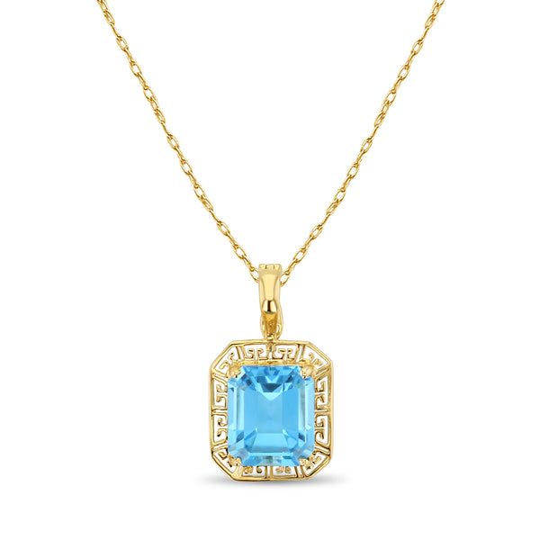 Blue Topaz with Gold Greek Key Bezel Necklace 14k Yellow Gold