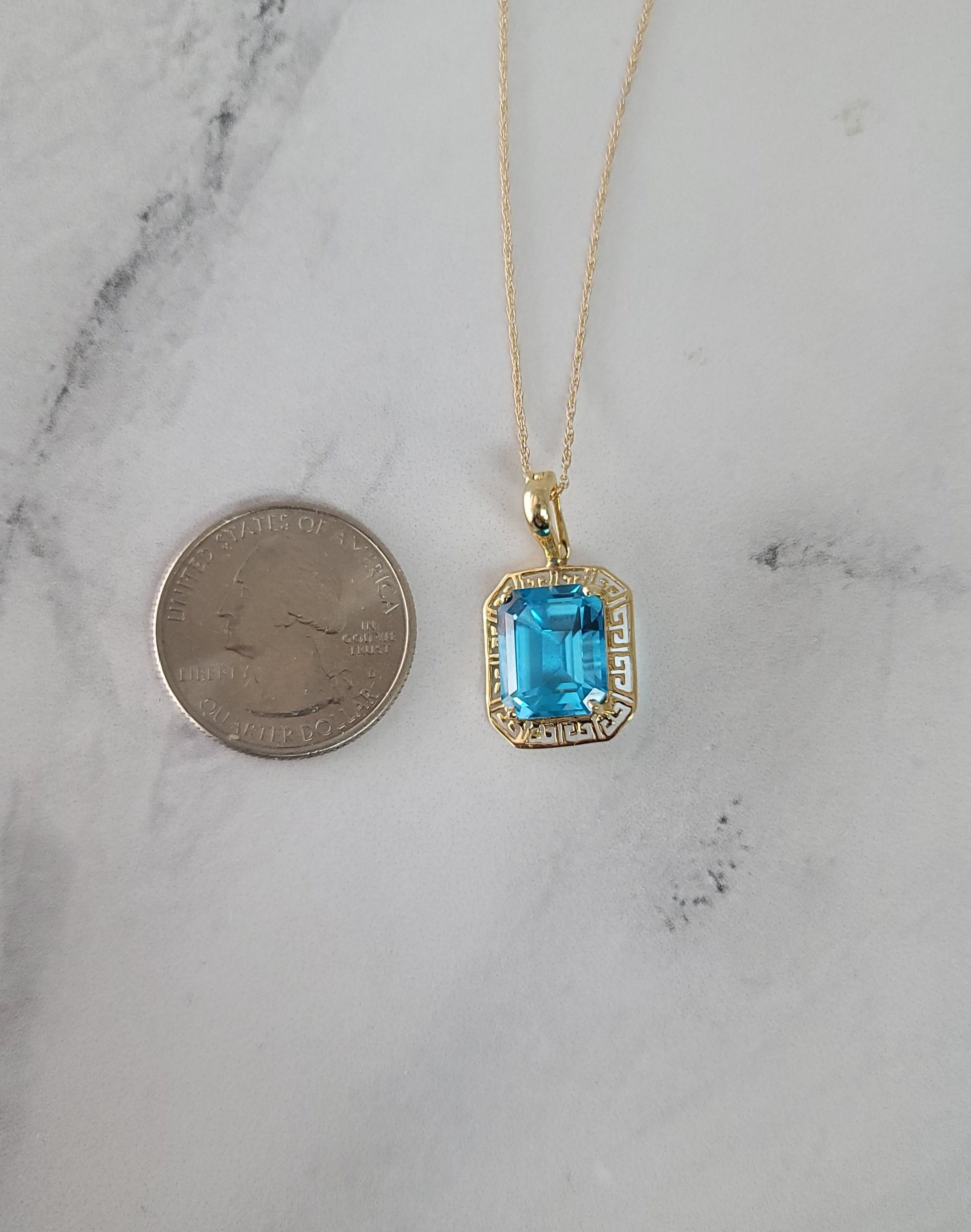 Blue Topaz with Gold Greek Key Bezel Necklace 14k Yellow Gold