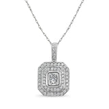 One Carat Princess Cut with Double Halo Pave Diamond Necklace 18k White Gold