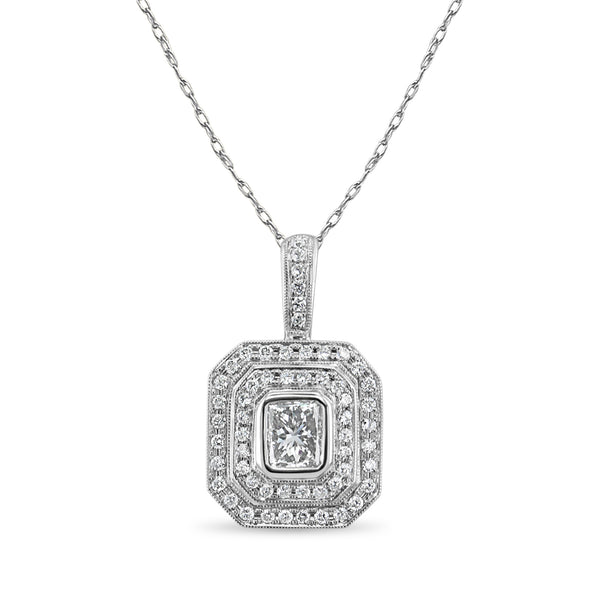 One Carat Princess Cut with Double Halo Pave Diamond Necklace 18k White Gold