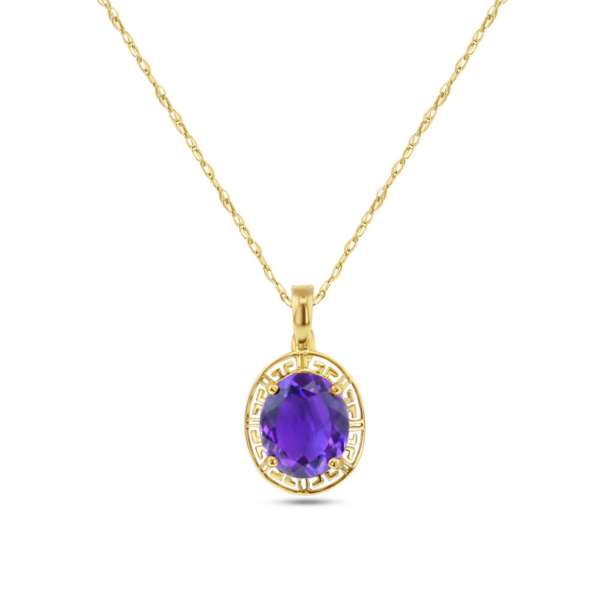 12MM Oval Amethyst Necklace with Greek Key Bezel