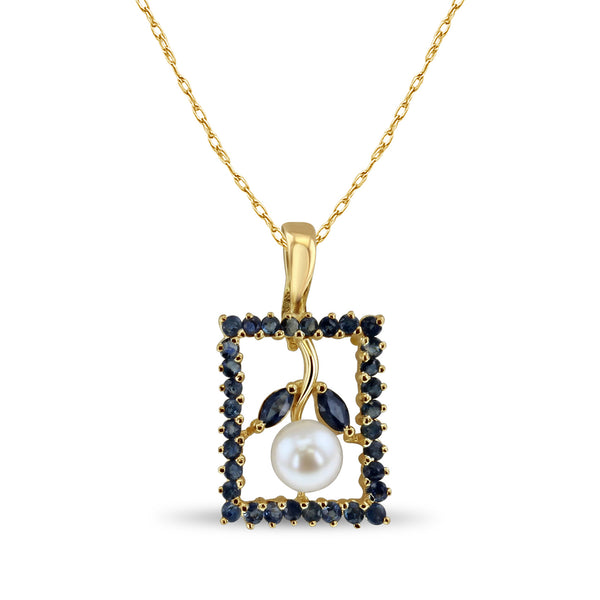 Freshwater Pearl & Sapphire Flower Necklace 14k Yellow Gold