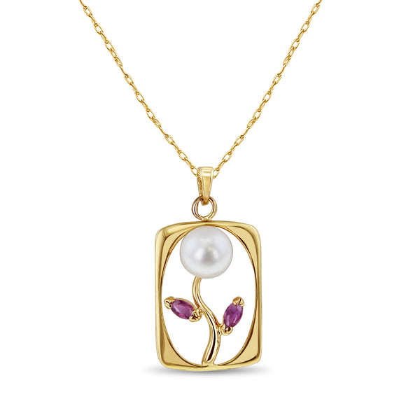 Pearl & Ruby Shaped Flower in Gold Frame 14k Yellow Gold