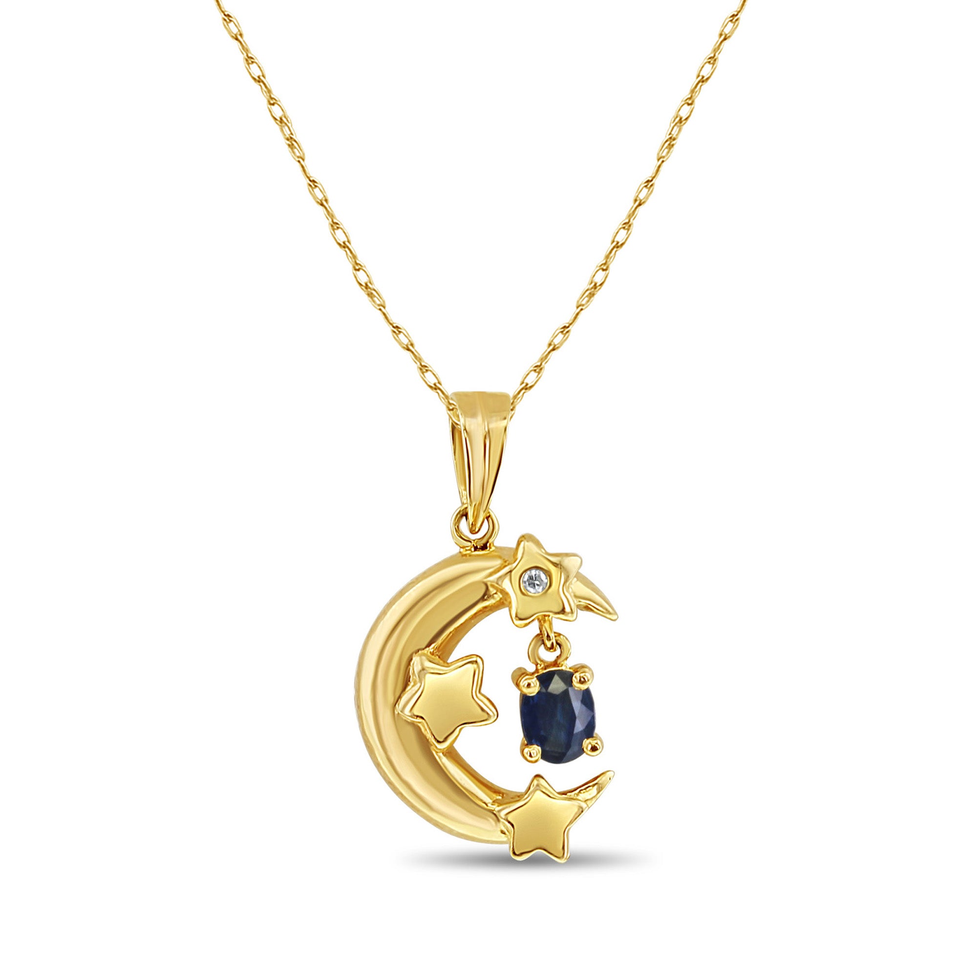 Crescent & Star Pendant with Dangling Sapphire 14k Yellow Gold