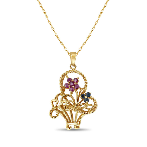 Ruby & Sapphire Flowers in Basket Necklace 14k Yellow Gold