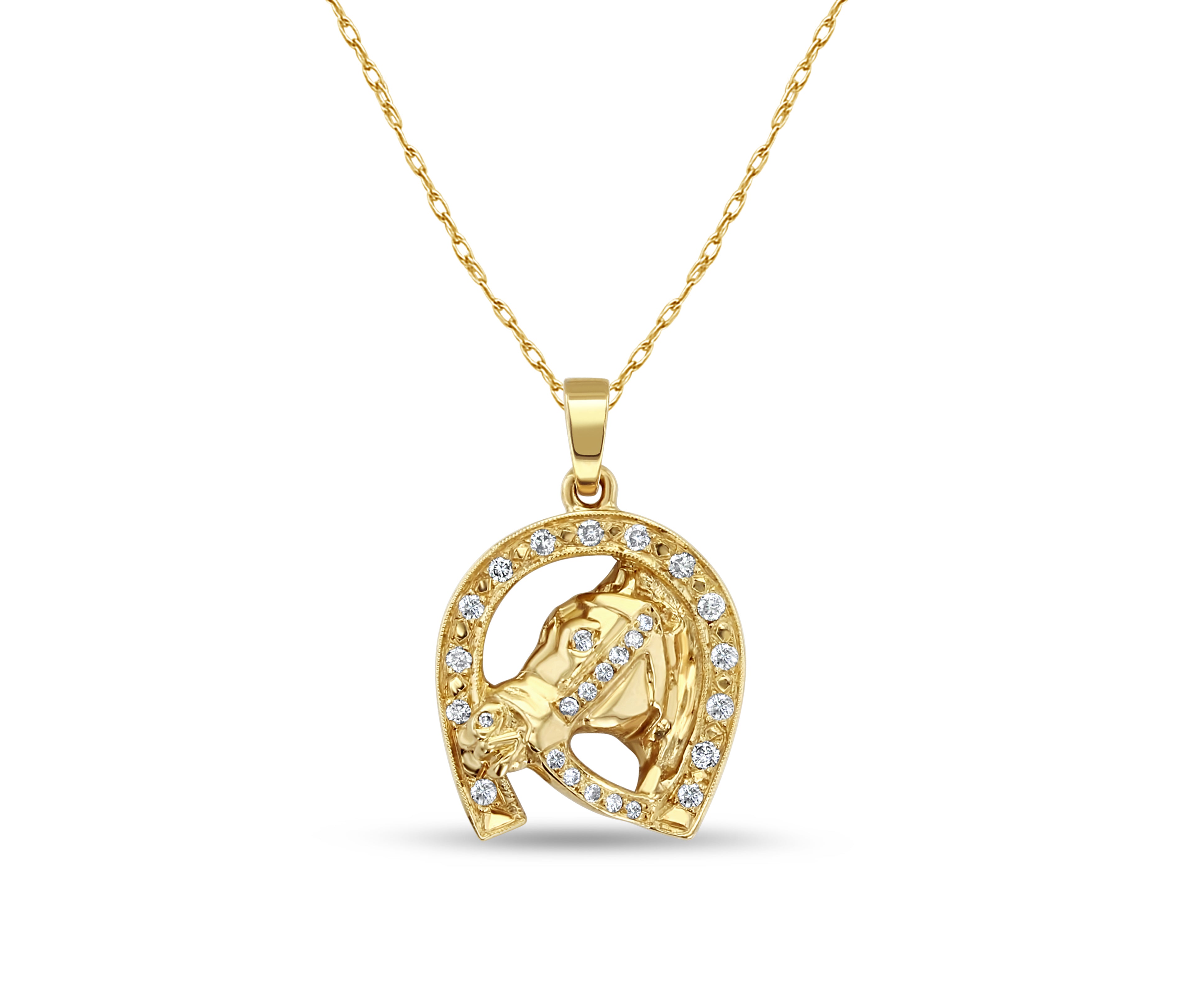 Collier tête de cheval en or jaune 14 carats avec diamants et fer à cheval 0,55 ct