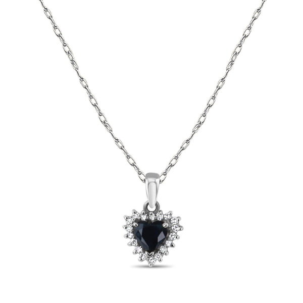 Heart Shaped Sapphire Diamond Halo Necklace 14k White Gold