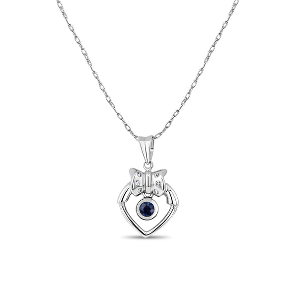 Heart Shaped Necklace with Sapphire Center & Bow Accent