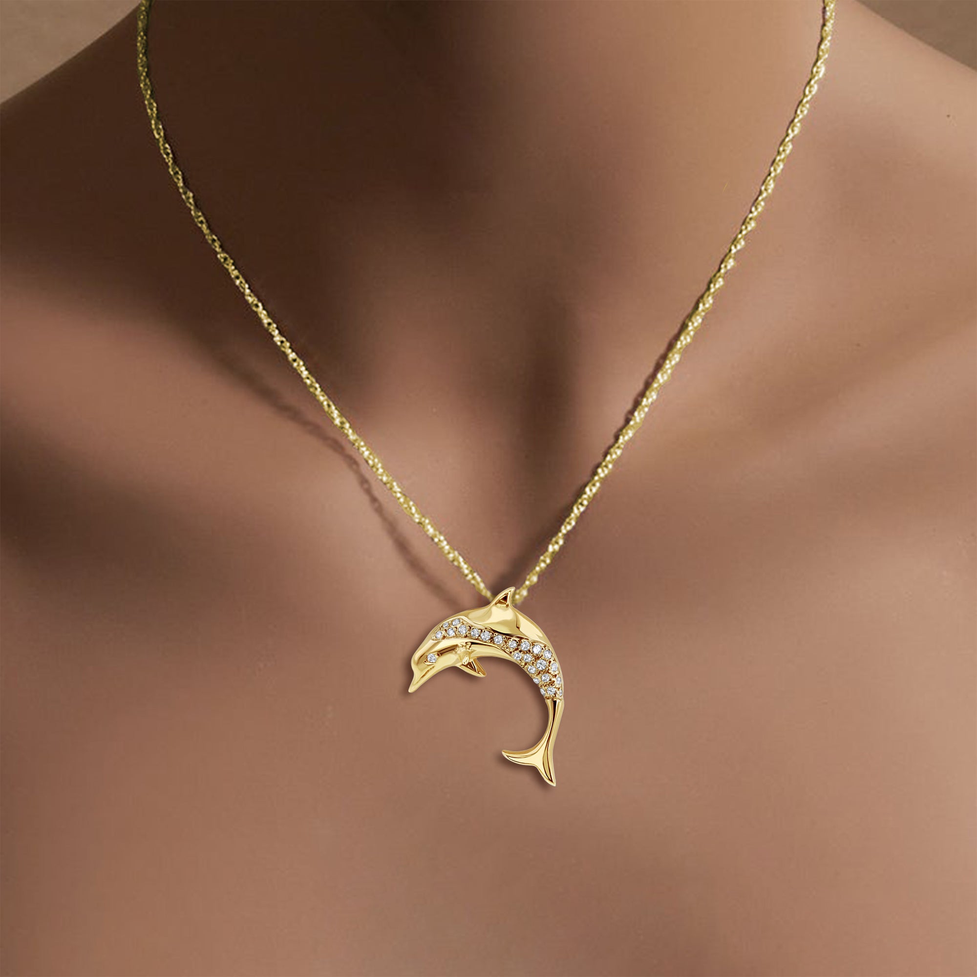 Diamond Encrusted Dolphin Necklace 14k Yellow Gold