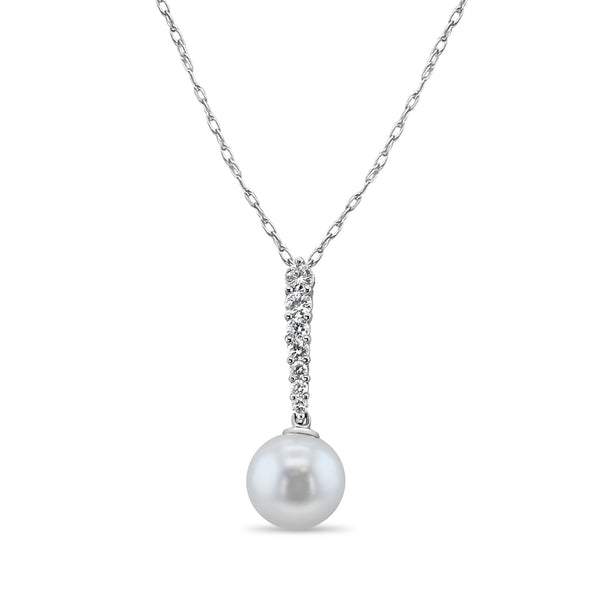 Vertical Drop Freshwater Pearl Diamond Necklace 10mm .30cttw 14k White Gold