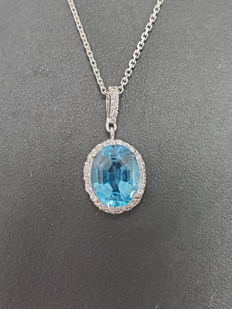 Blue Topaz Diamond Halo Necklace 14k White Gold