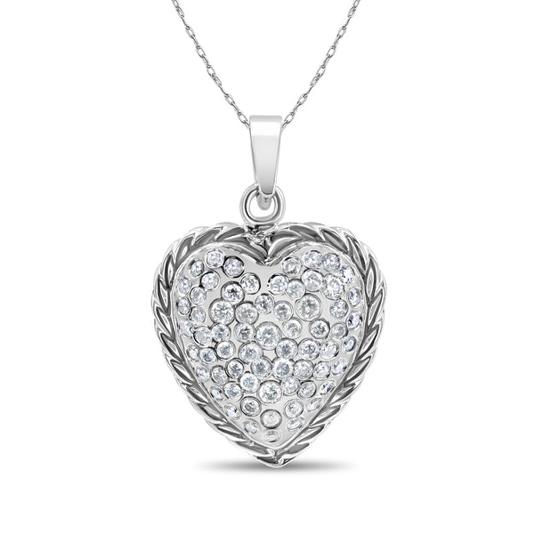 Diamond Encrusted Heart with Rope Trim 1.30cttw 14k White Gold