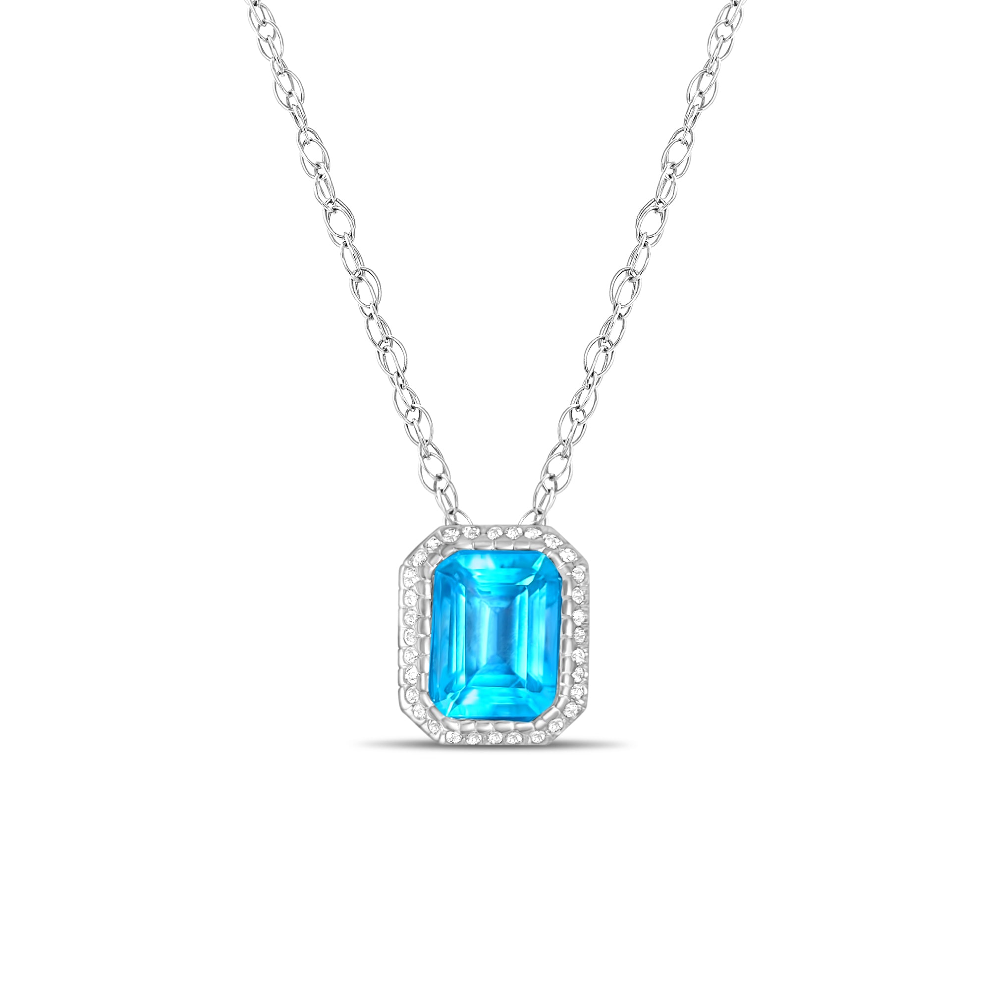 Stunning Emerald Cut Blue Topaz Diamond Halo Necklace 16.64cttw 14k White Gold - Queen of Gemz