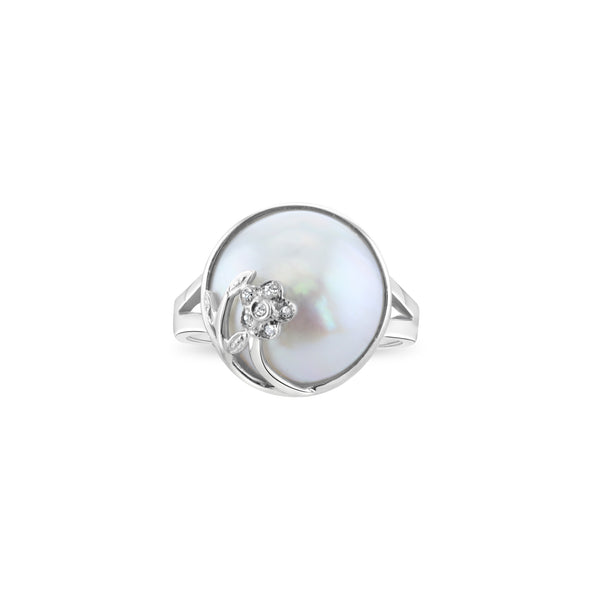 Mabe Pearl Flower Diamond Ring 14k White Gold