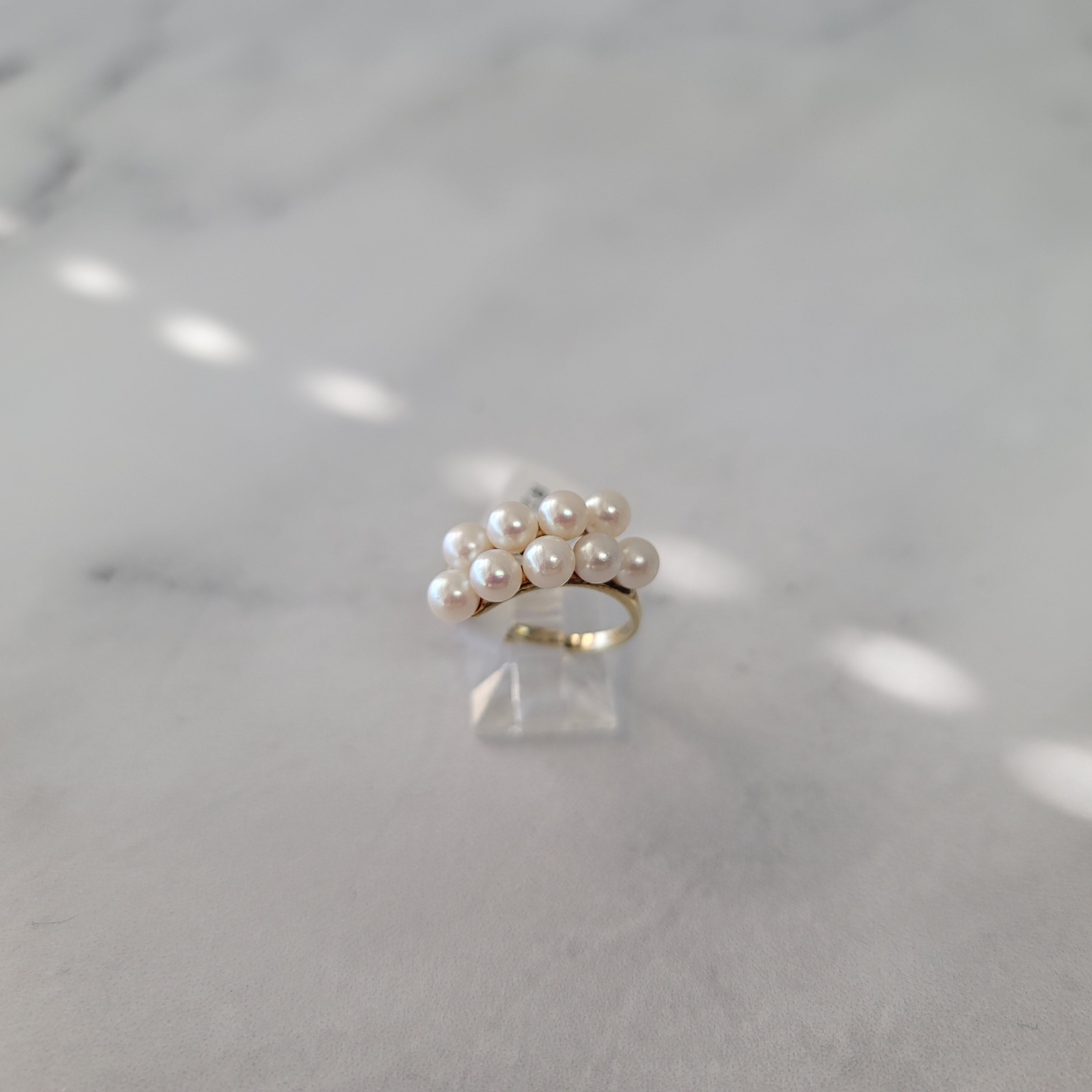 Diagonal Double Row Pearl Cluster Ring 14k Yellow Ring