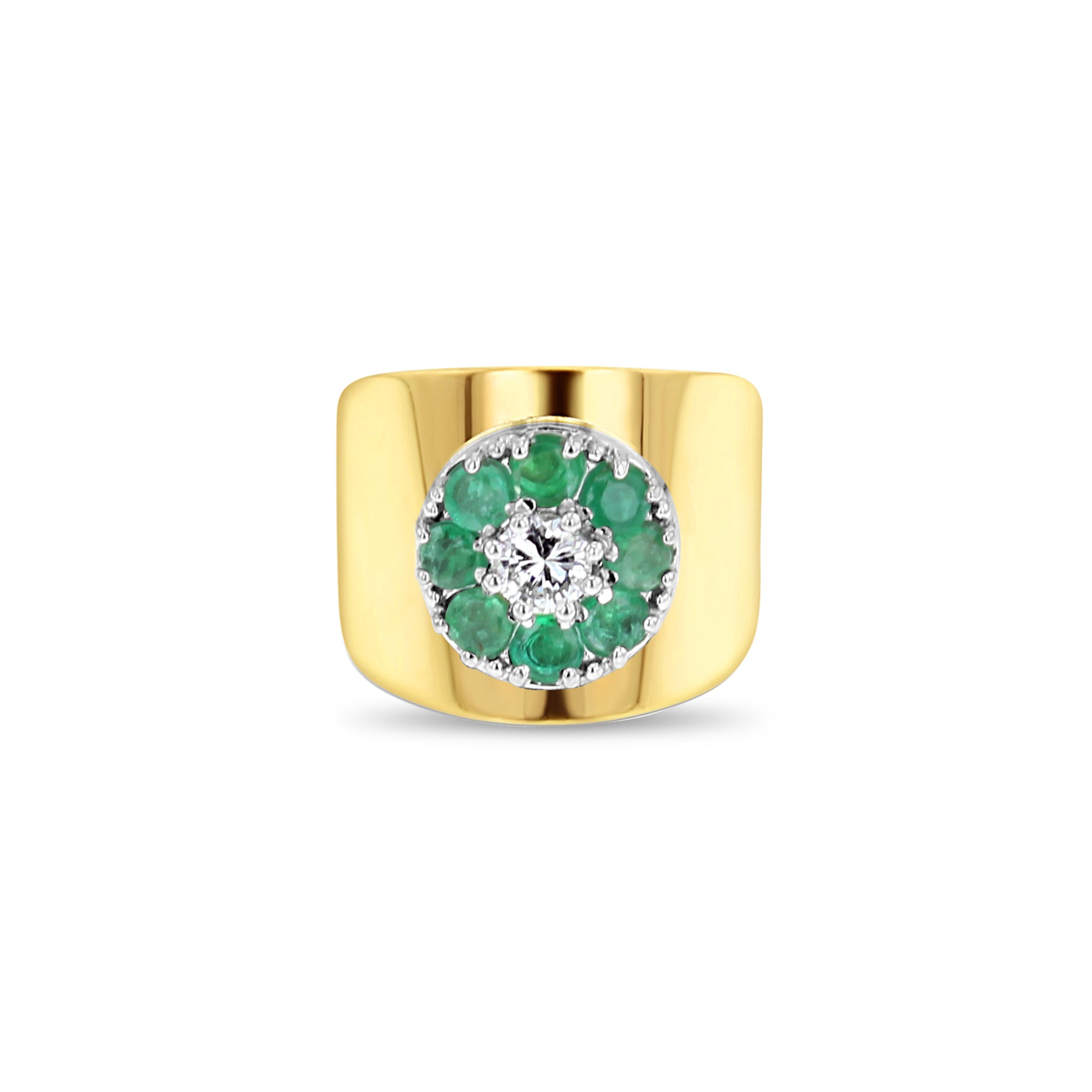 Bague halo émeraude et diamant en or jaune 14 carats