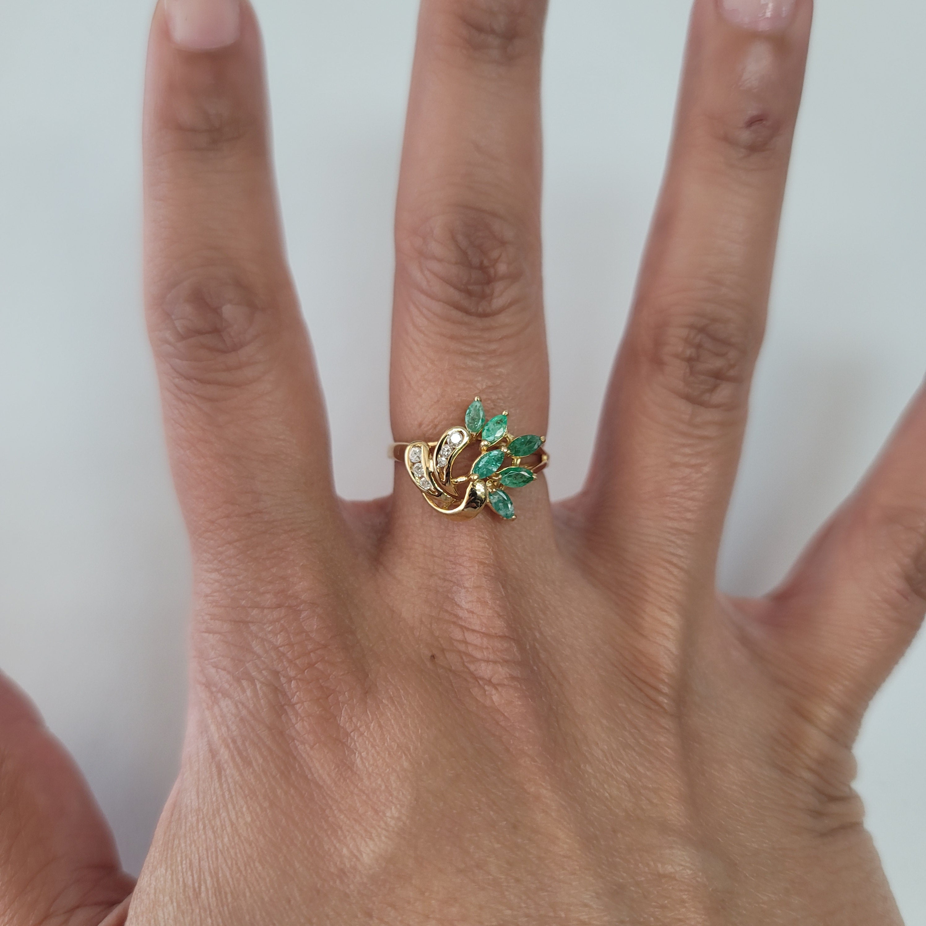 Emerald & Diamond Cluster Style Ring 1.00cttw 14k Yellow Gold