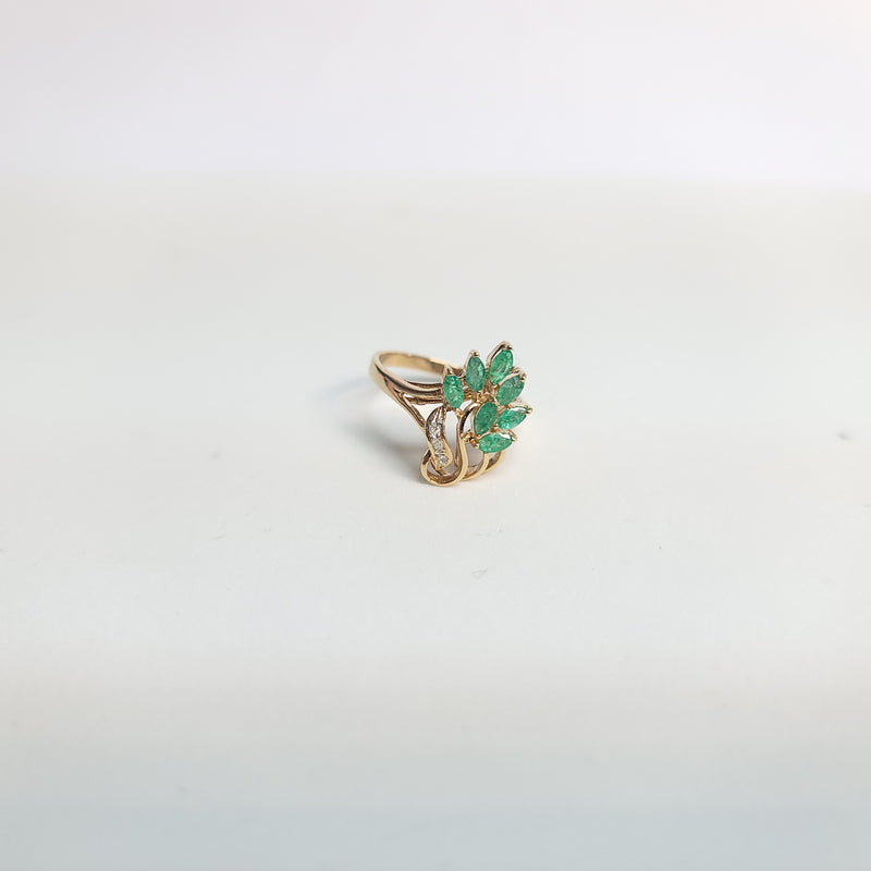 Marquise Emerald & Diamond Floral Style Ring .40cttw 14k Yellow Gold