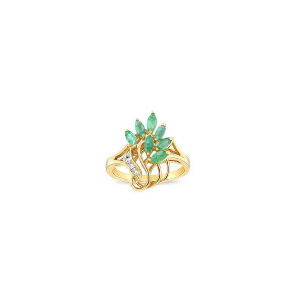 Marquise Emerald & Diamond Floral Style Ring .40cttw 14k Yellow Gold