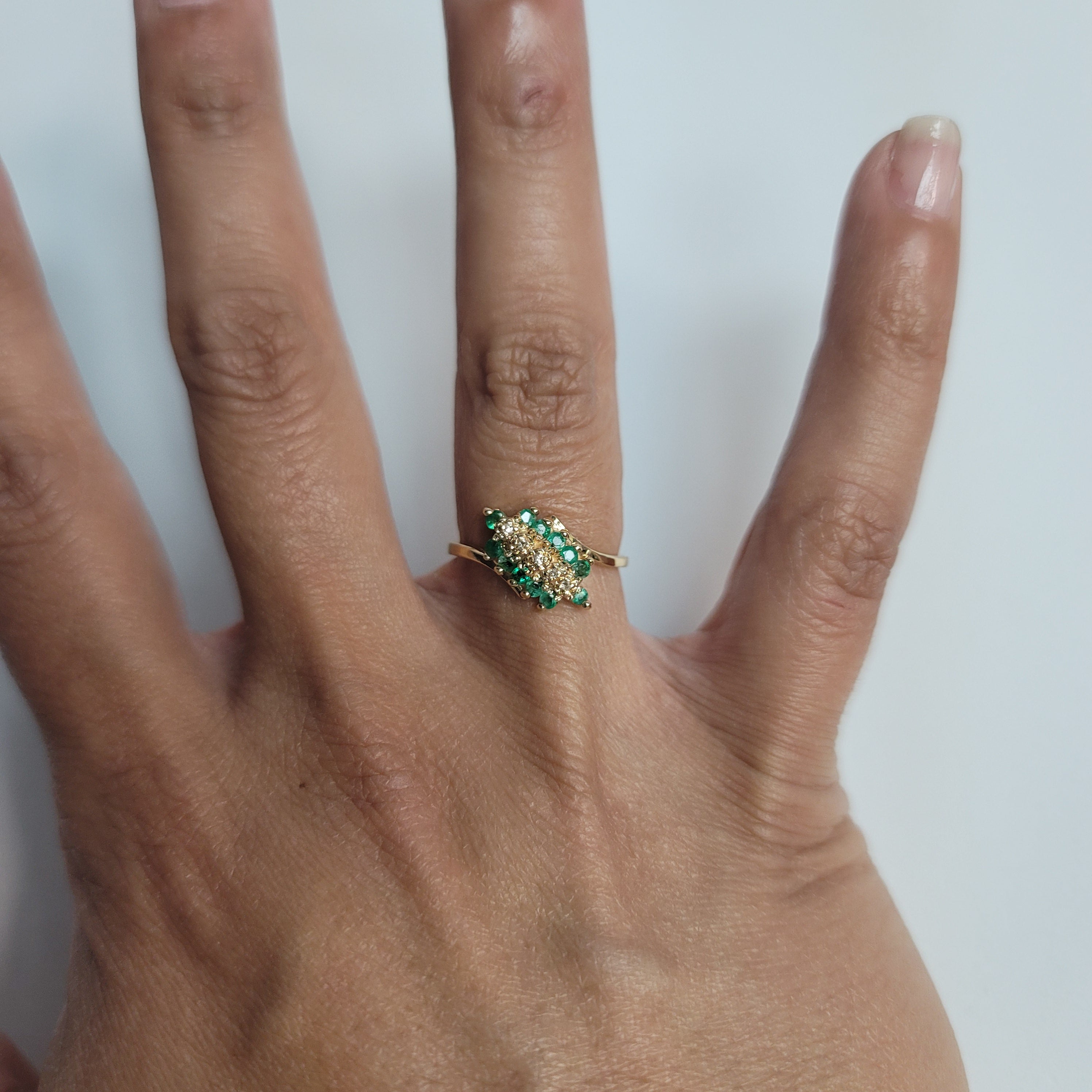 Emerald & Diamond Diagonal Row Ring .50cttw 14k Yellow Gold