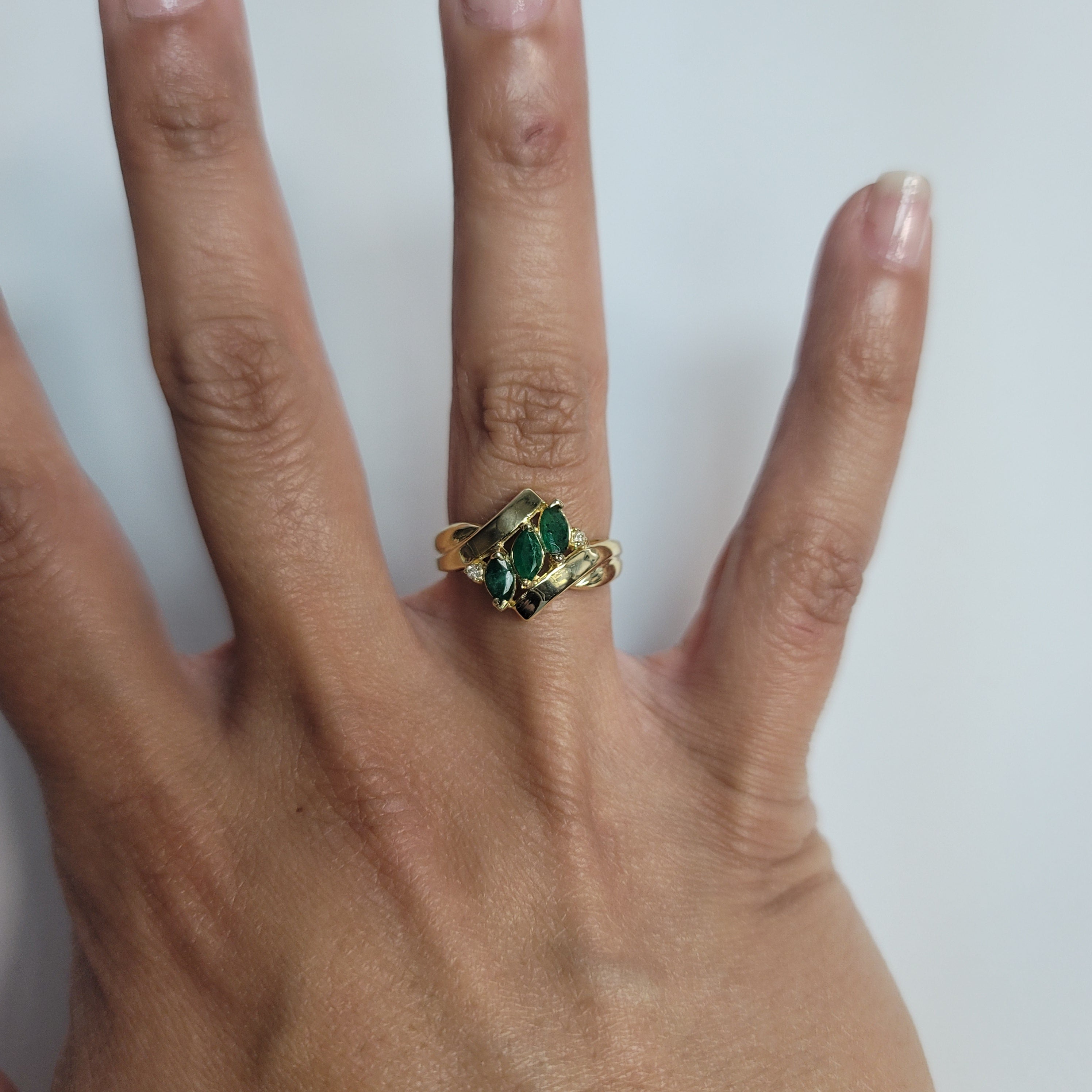 Marquise Emerald & Diamond Diagonal Row Cocktail Ring .50cttw 14k Yellow Gold