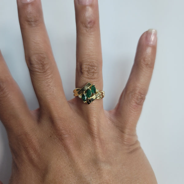 Marquise Emerald & Diamond Diagonal Row Cocktail Ring .50cttw 14k Yellow Gold