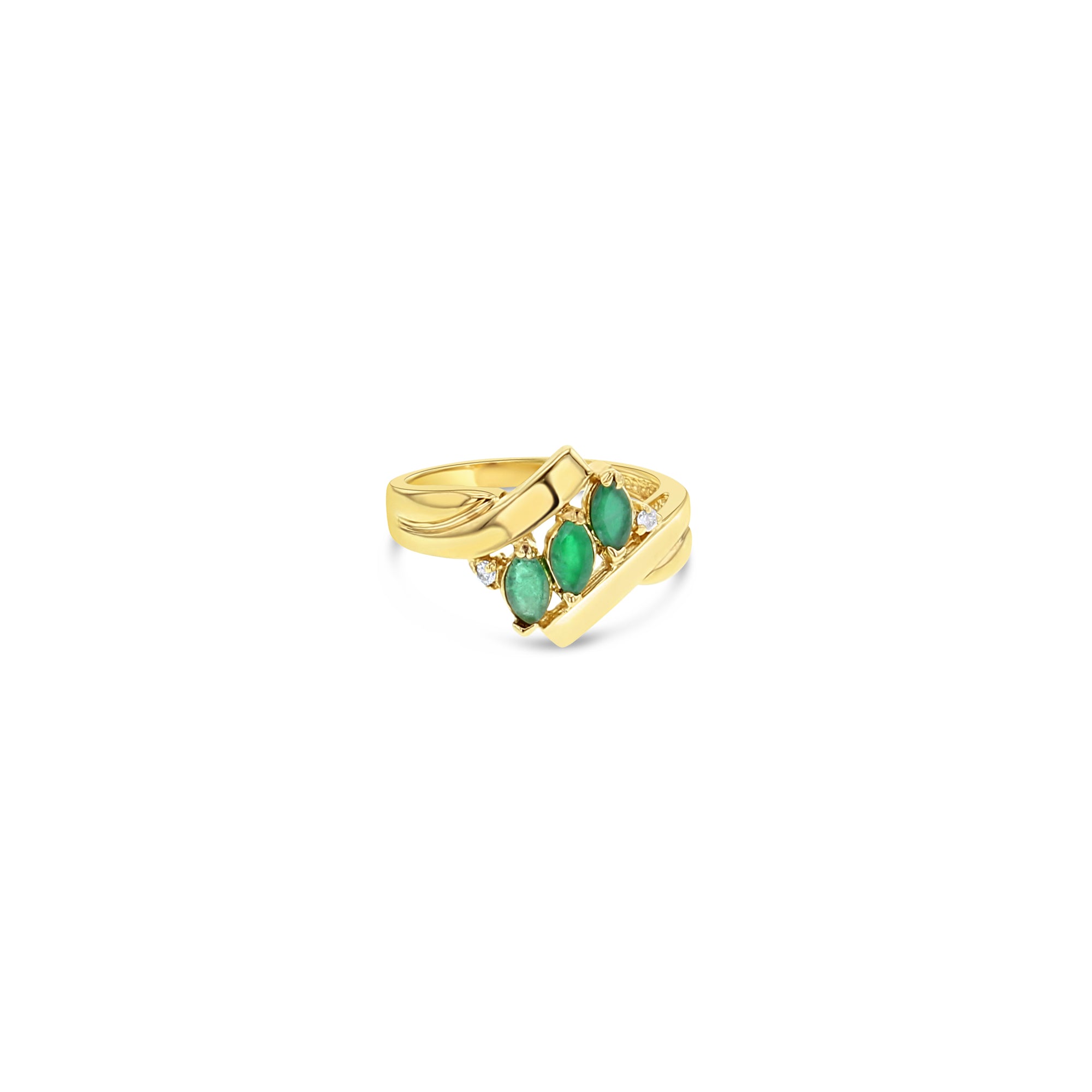 Marquise Emerald & Diamond Diagonal Row Cocktail Ring .50cttw 14k Yellow Gold