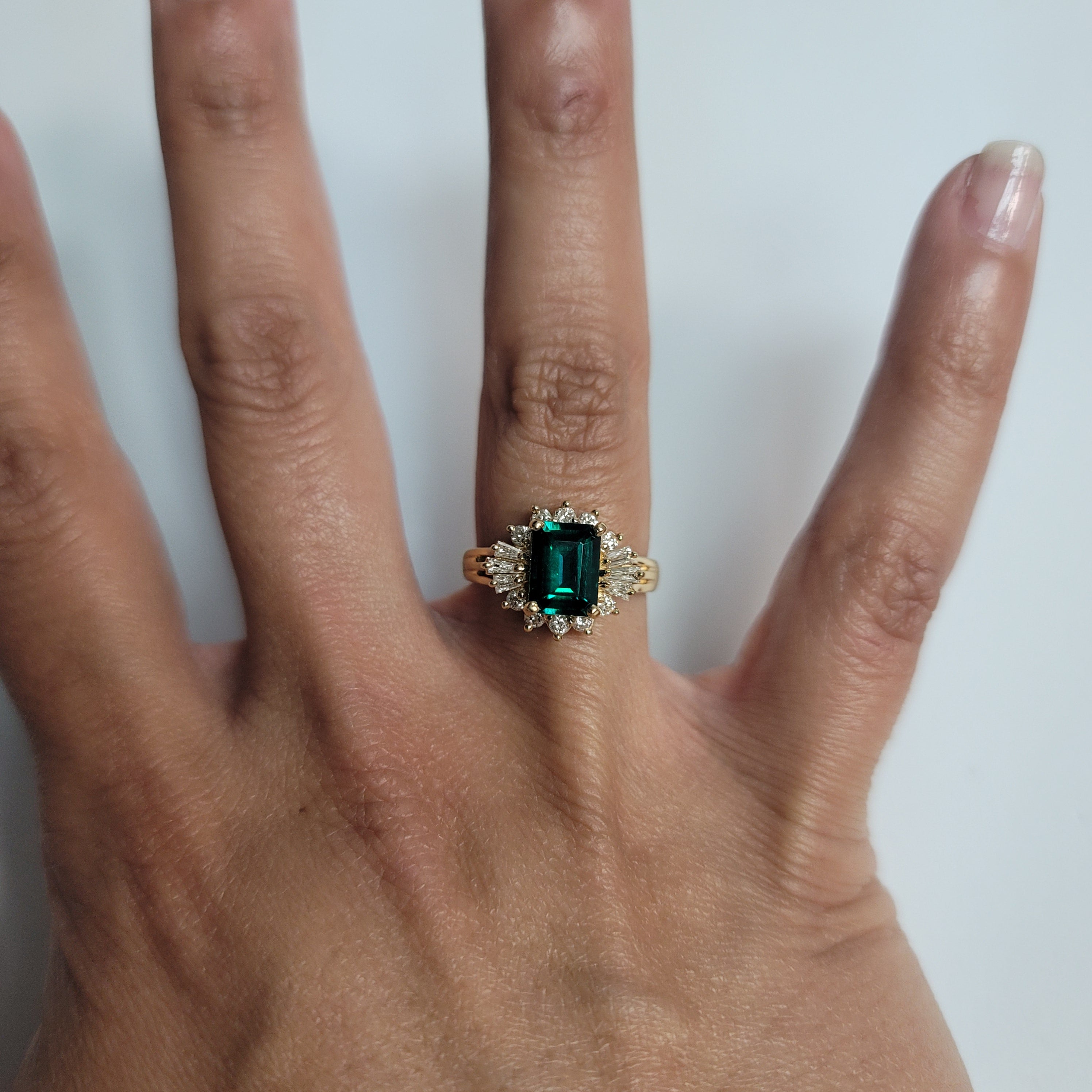 Lab Generated Emerald with Diamond Halo Engagement Ring 14k Yellow Gold