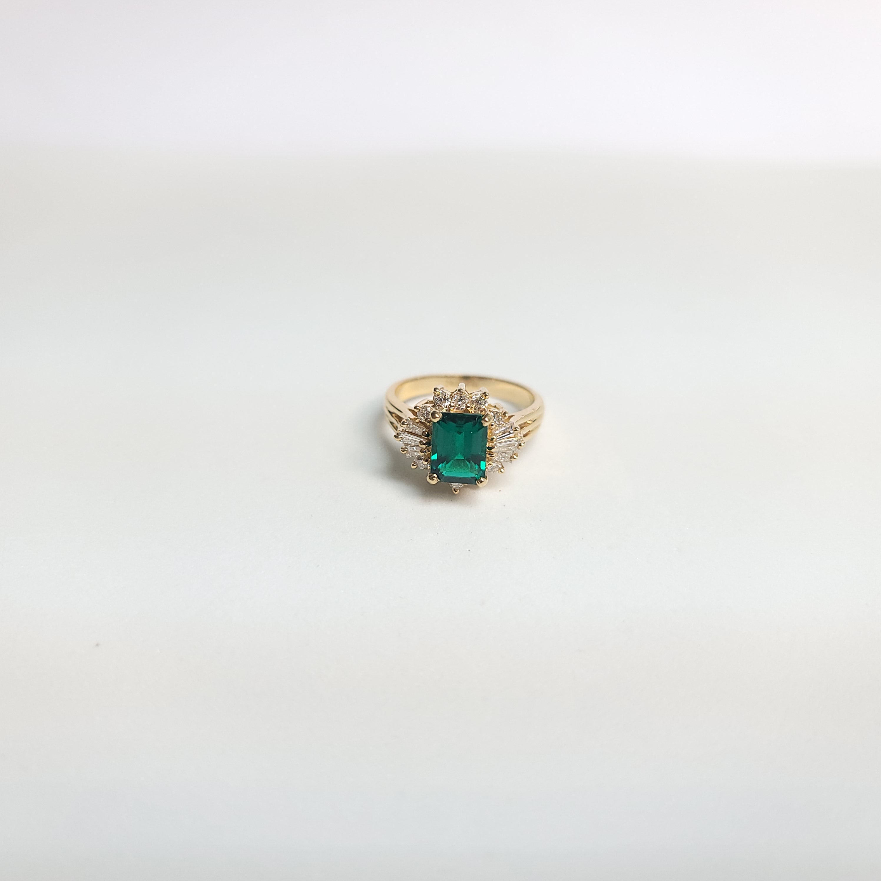 Lab Generated Emerald with Diamond Halo Engagement Ring 14k Yellow Gold