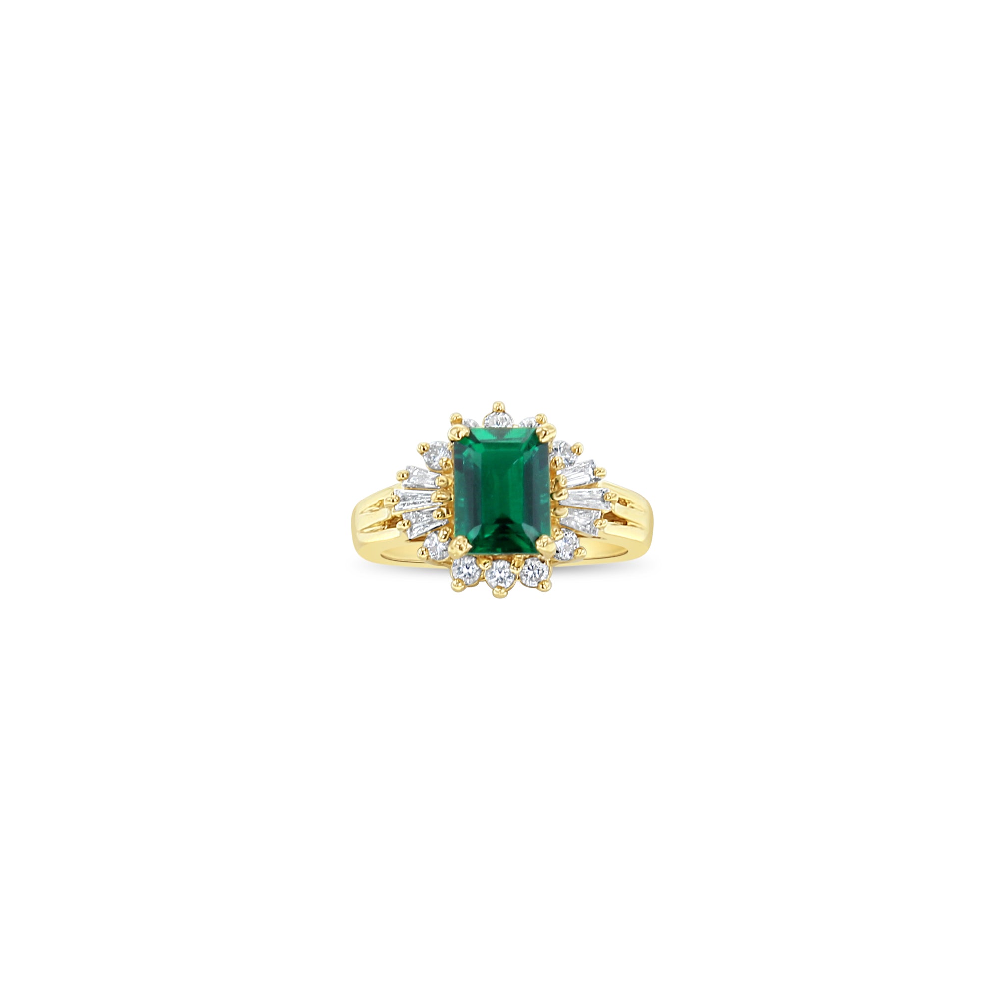 Lab Generated Emerald with Diamond Halo Engagement Ring 14k Yellow Gold