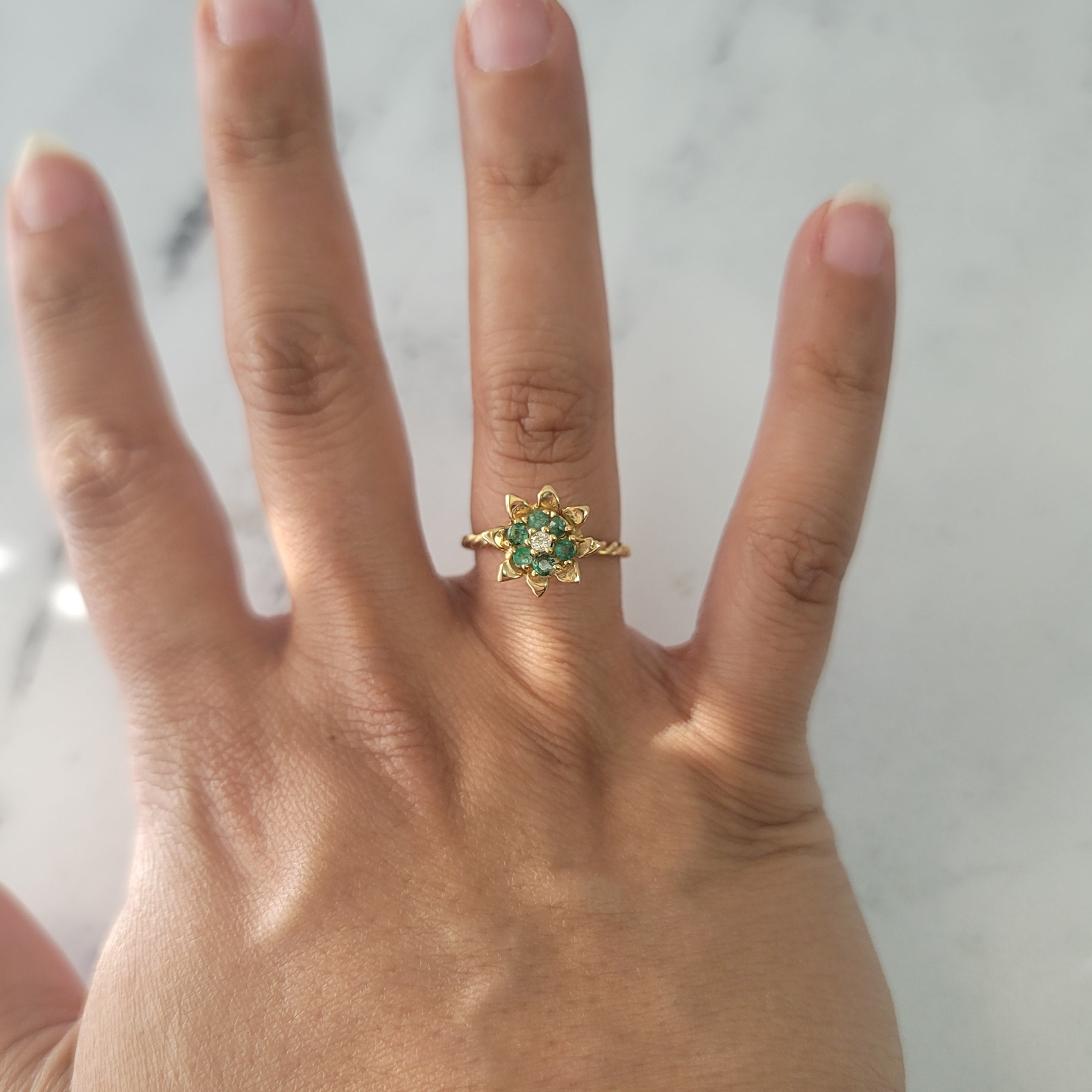 Tall Emerald Tulip Ring 14k Yellow Gold