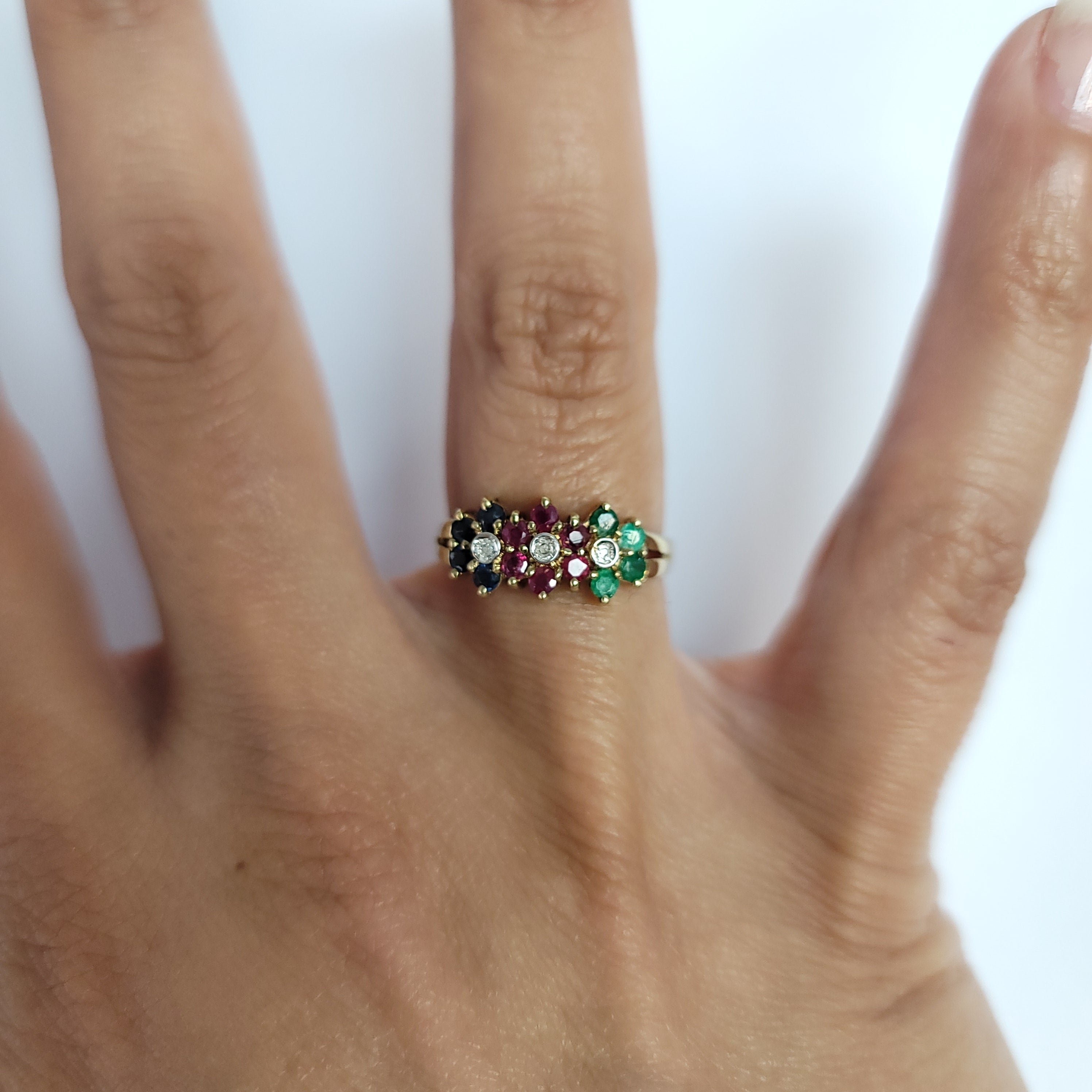 Ruby, Sapphire, Emerald Flower Shaped Ring 14k Yellow Gold