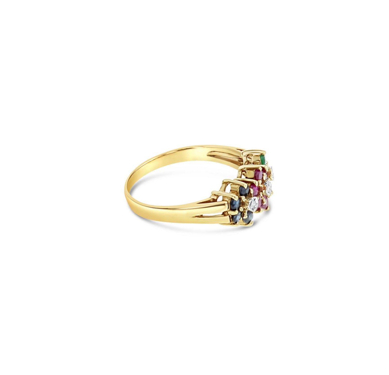 Ruby, Sapphire, Emerald Flower Shaped Ring 14k Yellow Gold