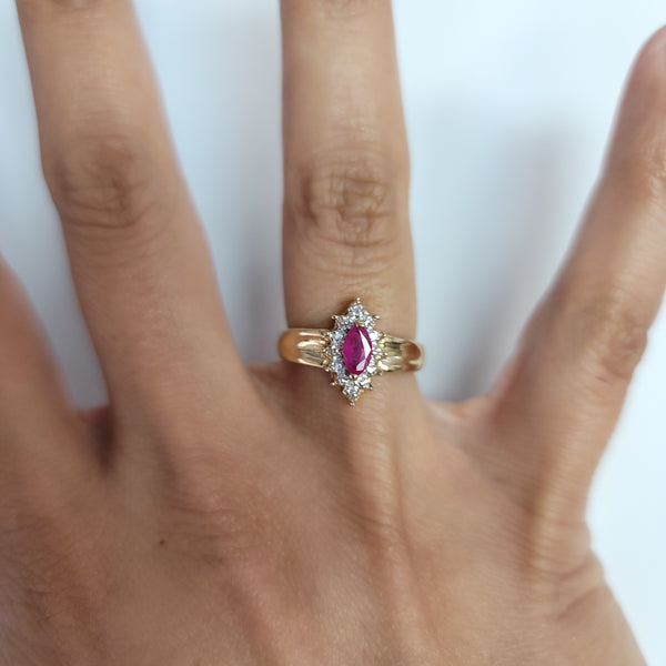 Marquise Ruby with Diamond Halo Ring .50cttw 10k Yellow Gold
