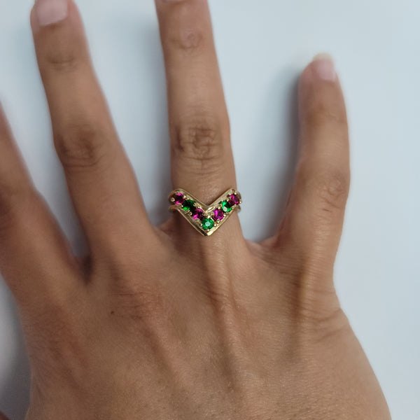 V Shaped Synthetic Ruby & Emerald 14k Yellow Gold