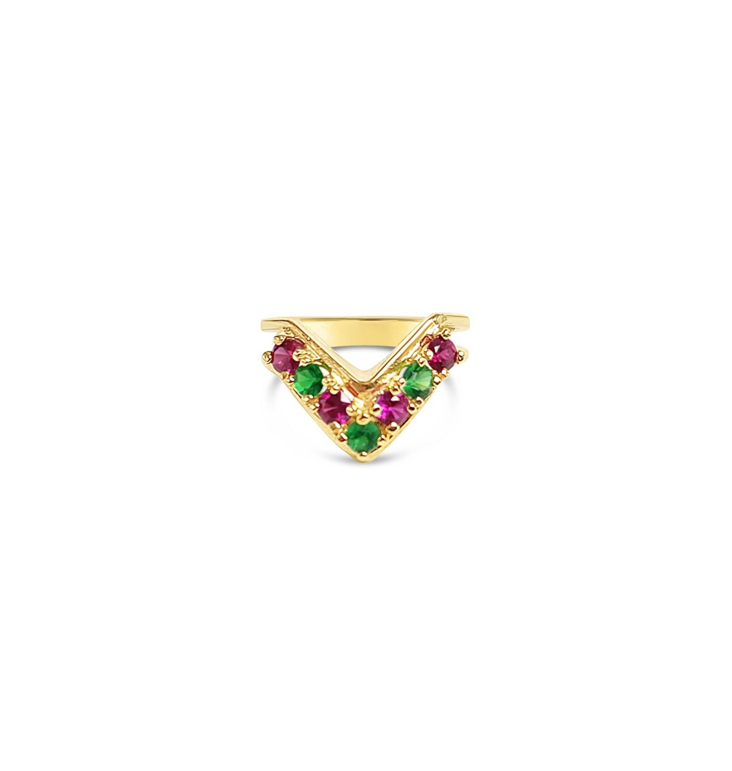 V Shaped Synthetic Ruby & Emerald 14k Yellow Gold