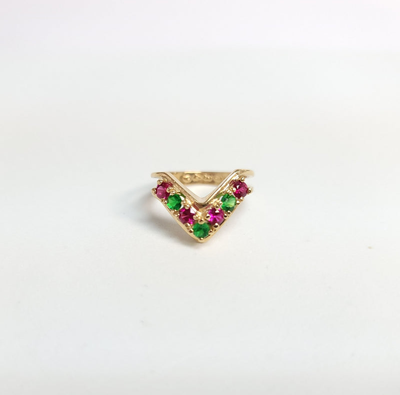 V Shaped Synthetic Ruby & Emerald 14k Yellow Gold