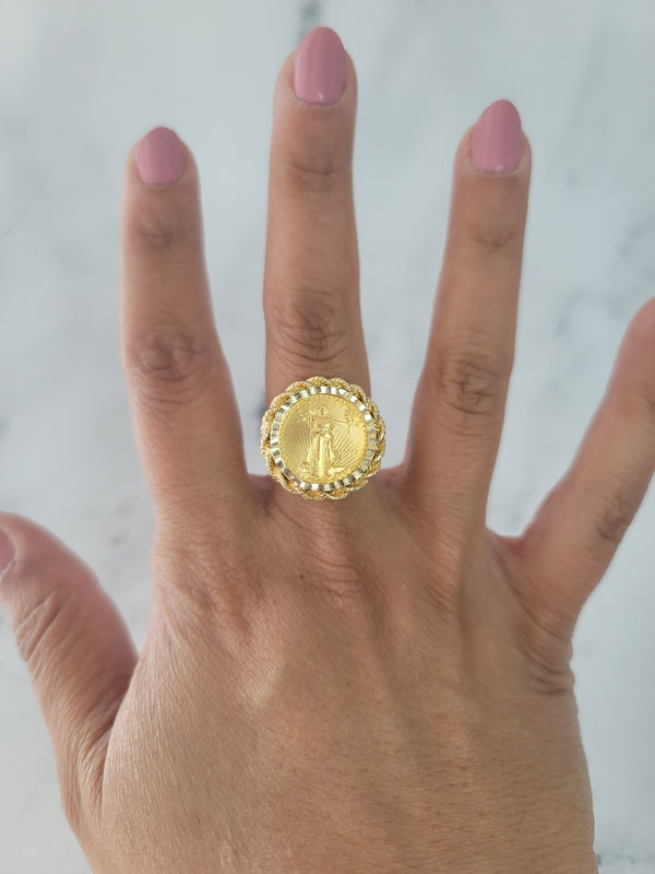 Lady Liberty Coin Ring with Diamond Cut & Rope Bezel