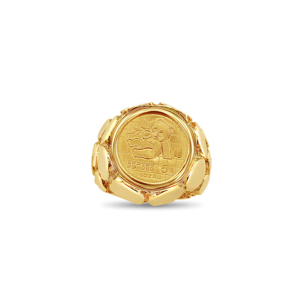 1989 Panda Coin Ring with Pebble Nugget Textured Ring 14k Yellow Gold