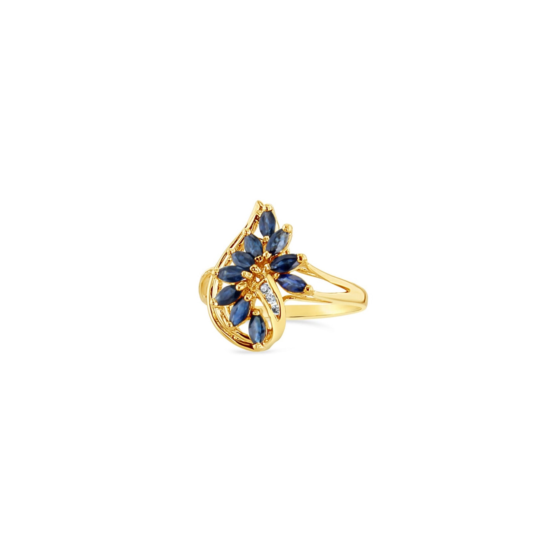 One Carat Marquise Sapphire Cluster Ring w. Diamond Cluster 14k Yellow Gold